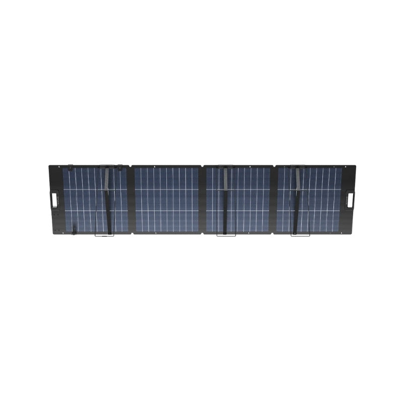 Fully unfolded 220W lightweight portable bifacial solar panel in horizontal layout.