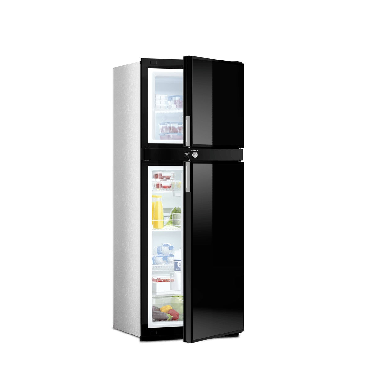 Black RUC 6408X fridge freezer with both doors open and the shelves stocked