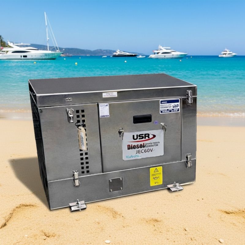 6kVA USR Diesel Inverter RV Generator (JEC60V) in a beach with boats in the background.