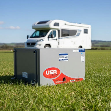 Portable inverter generator on a field with an RV in the background.