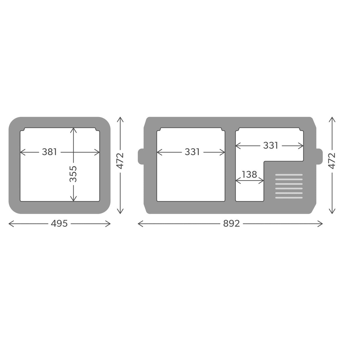 Dimension drawing of the Dometic CFX5 75DZ marked 892 by 495 by 472 millimetres