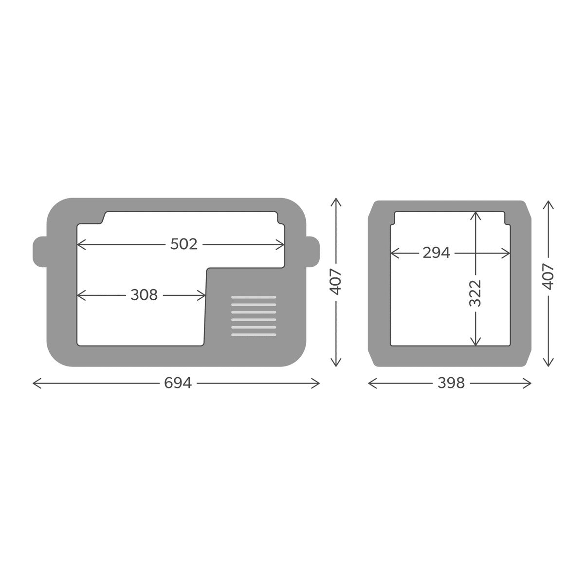 Dimension drawing of the Dometic CFX5 35 marked 694 by 398 by 407 millimetres