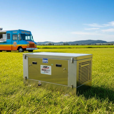 8kVA USR Diesel AVR Generator (JEC80V) in open ground with a food truck in the background.