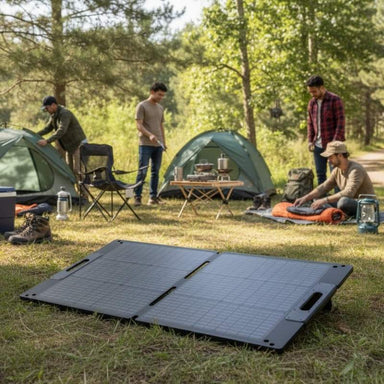 BLUETTI 100W Solar Panel at a camp site with campers in the background.