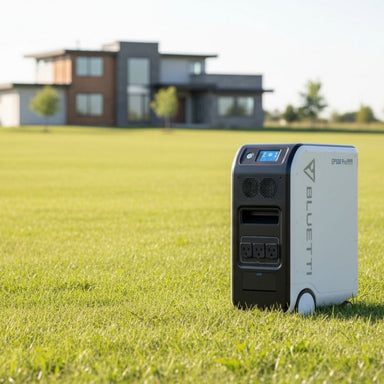 BLUETTI EP500Pro Solar Power Station in open field with a house in the background.