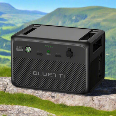 Bluetti power station with a scenic mountain background
