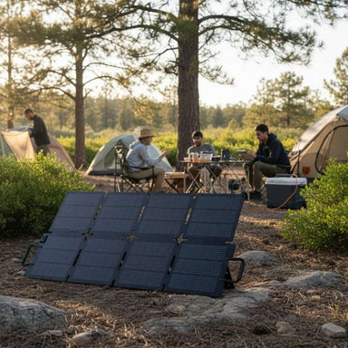 Bluetti SORA130 Solar Panel 130W at a campsite with campers in the background.