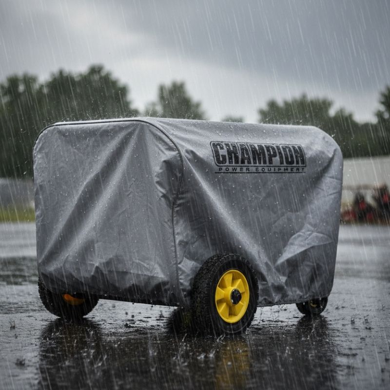 Champion Inverter Cover – Mid Size covering a generator in rain.