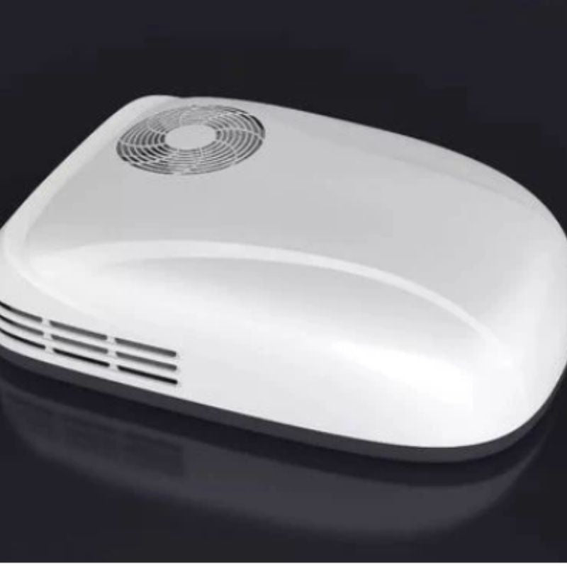 Cool-J Super Quiet Inverter 12500 Rooftop Air Conditioner in black background.