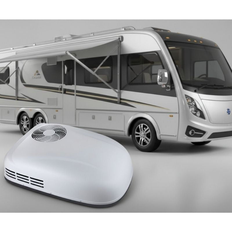 Cool-J Super Quiet Inverter 12500 Rooftop Air Conditioner with a caravan in the background.