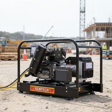 Gentech 8.5 kVA Kohler Powered Diesel Generator with Recoil & E-Start at a construction site.