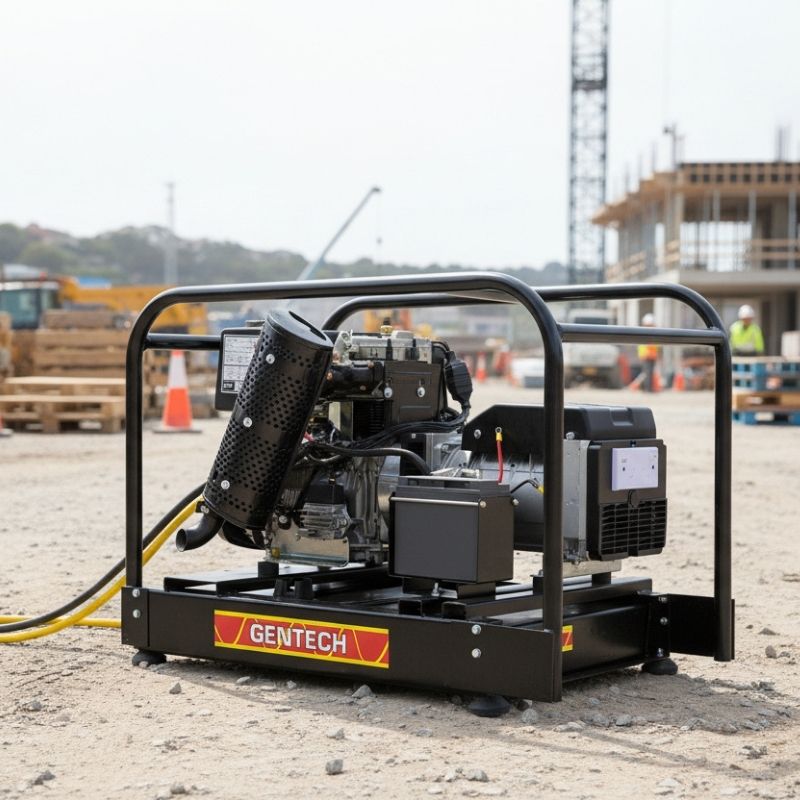 Gentech 8.5 kVA Kohler Powered Diesel Generator with Recoil & E-Start at a construction site.