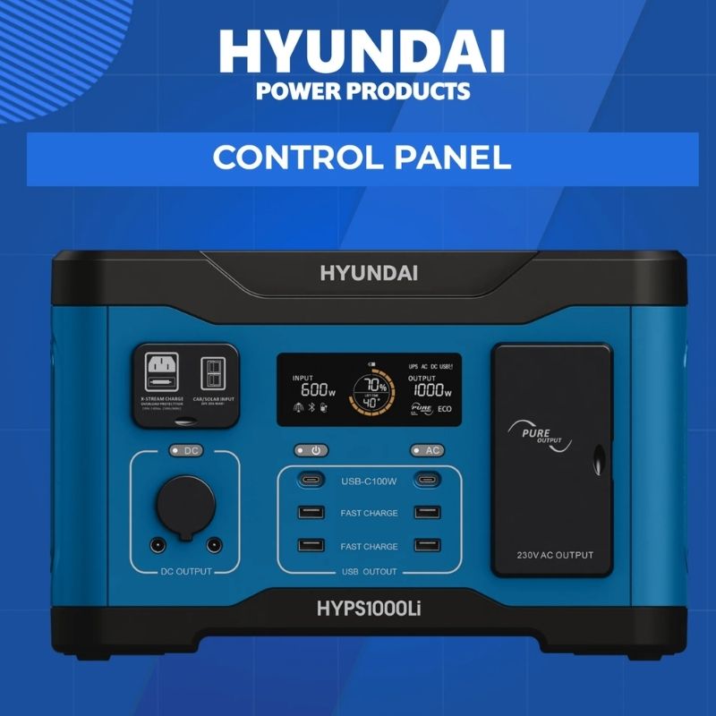 Hyundai HYPS1000 Portable Power Station control panel.