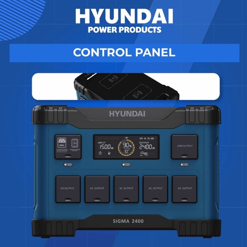 Hyundai HYPS2400 Portable Power Station in a blue background.