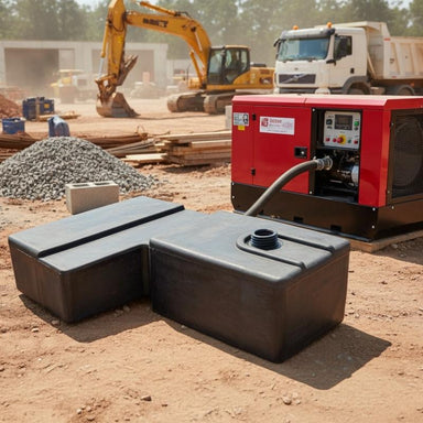 Gentech Long Range Fuel Tank 25 Litres connected with a generator at a construction site.