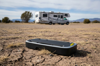 Mark 2 Air Conditioner Smart Battery in open field with a RV in the background.