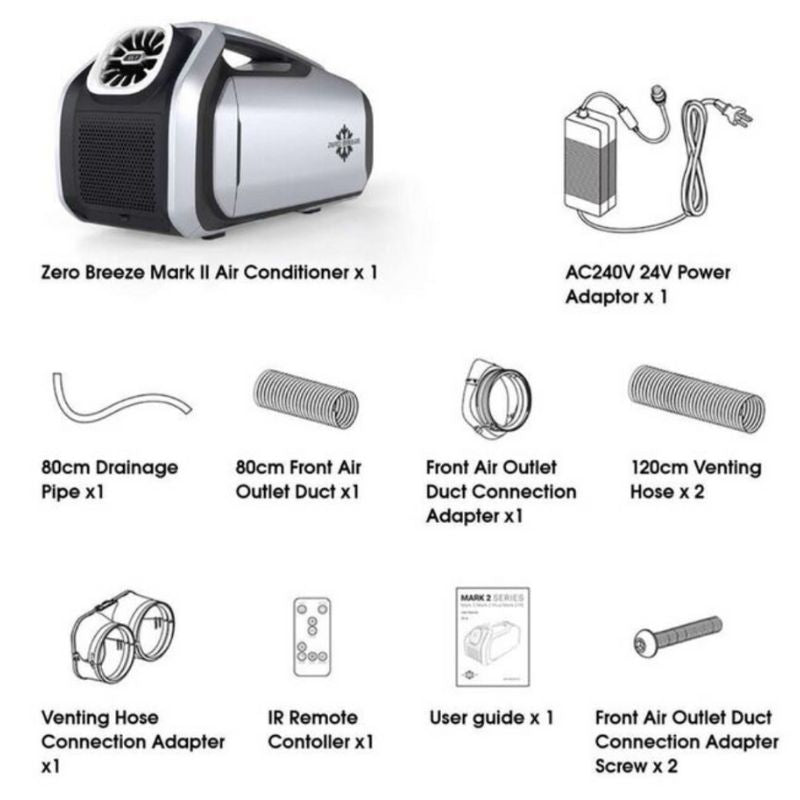Difference accessories of Zero Breeze Mark 2 Air Conditioner.