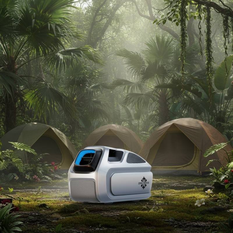 Zero Breeze Mark 3 Air Conditioner in a jungle with tents.