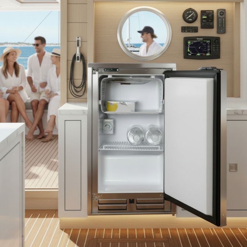 Small fridge on a boat with people chatting in the background.
