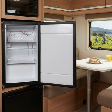 Small portable fridge inside a camp with people outside