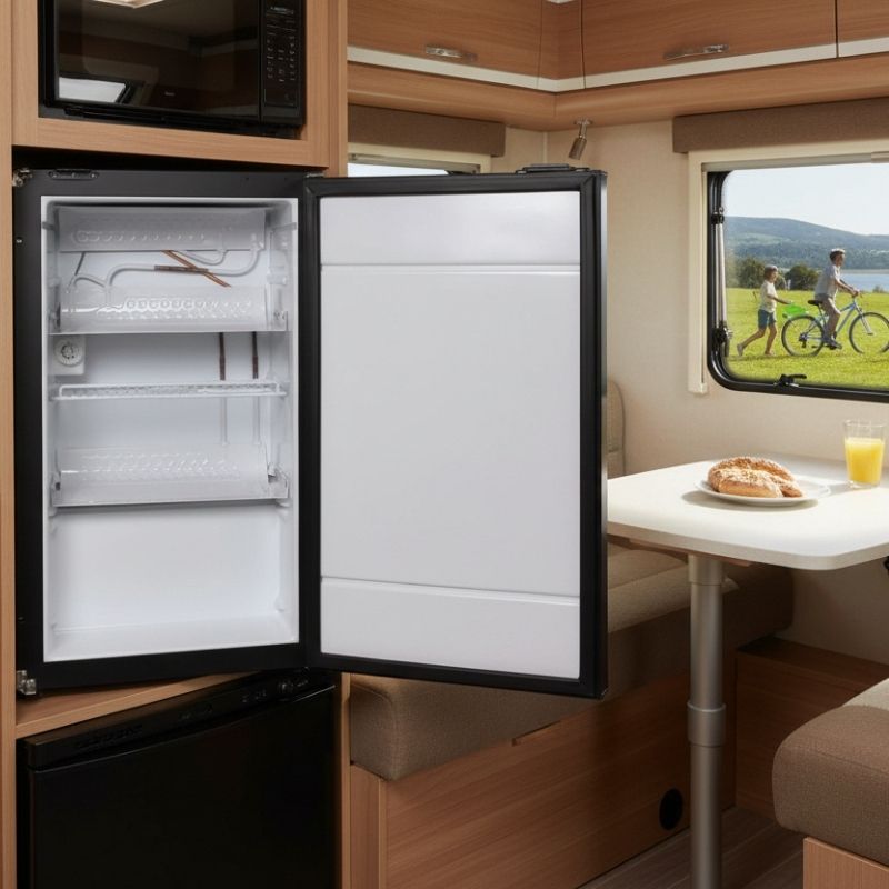 Small portable fridge inside a camp with people outside
