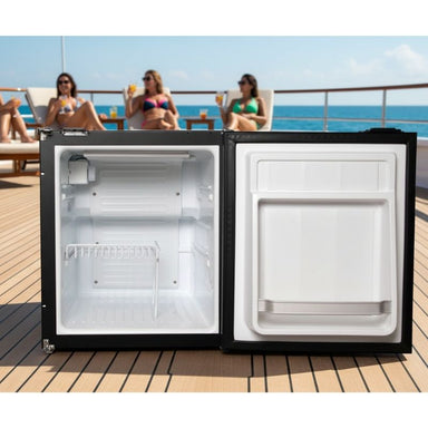 Portable fridge placed on a boat with women enjoying in the background