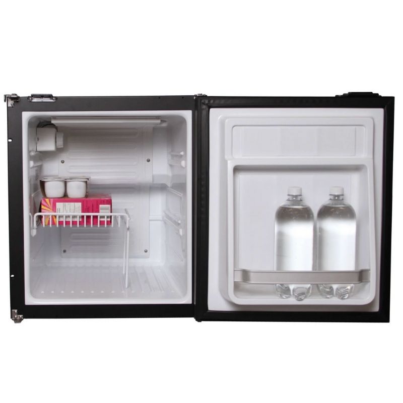 Nova Kool F2600 Fridge with some water bottles and other items inside open front view.