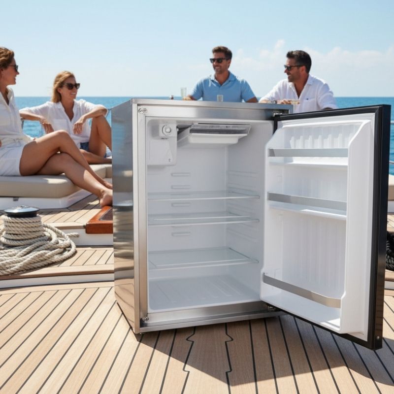 Portable fridge on a boat with people in the background