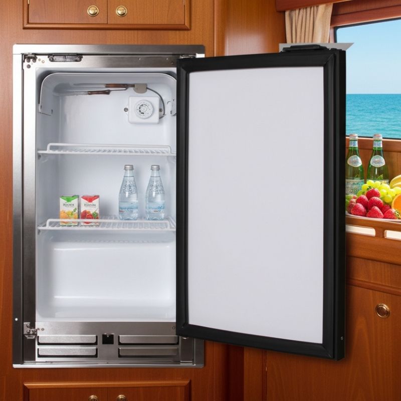 Open fridge inside a lavish boat.