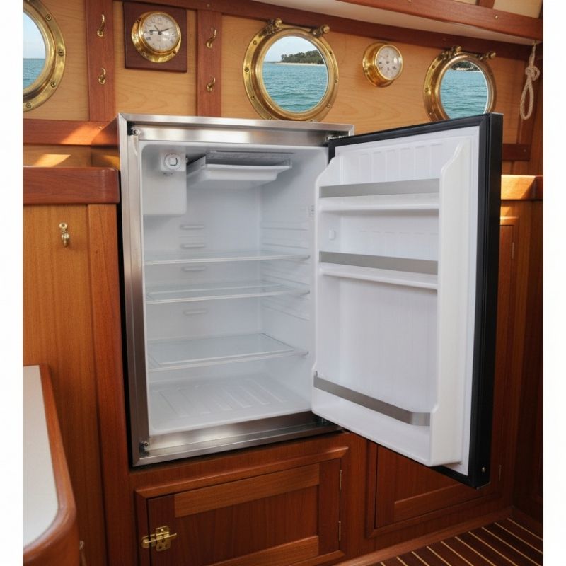 Small fridge inside a boat.