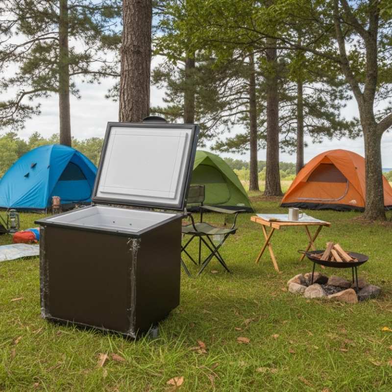 Nova Kool TL2500 Fridge at a camp site with tents in the background.