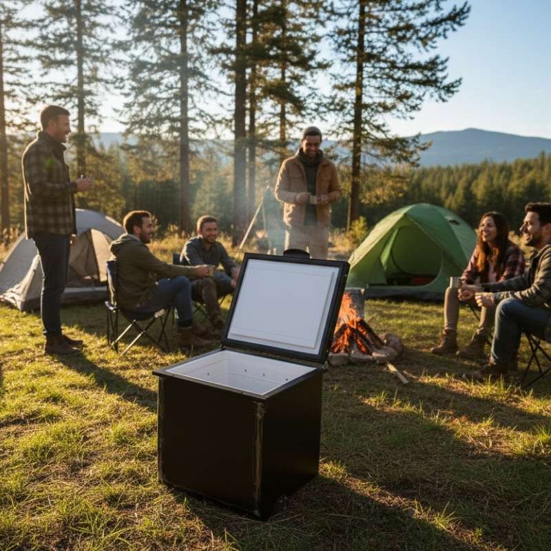Portable top load fridge at a camping ground with people sitting in the background