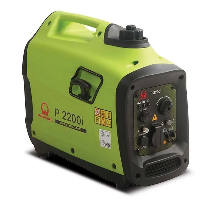 Green portable generator with Pramac branding on a white background