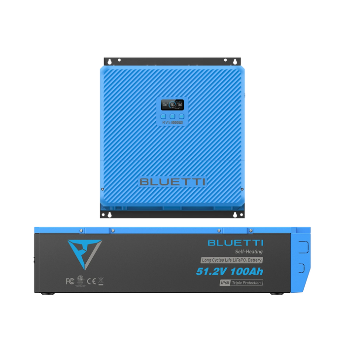 Bluetti RV5 power hub and one B4810 battery, studio shot on plain background