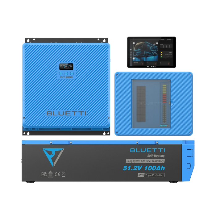 Full kit laid out: Bluetti RV5 hub, one B4810 battery, Epanel and Epad, studio shot on plain background