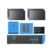 Full kit laid out: Bluetti RV5 hub, B4810 battery, Epanel, Epad and three 200W folding solar panels, studio shot on plain background