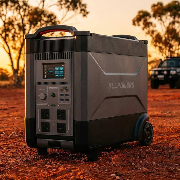 Allpowers R4000 V2 Portable Power Station at Australian outback campsite golden hour - True Gear