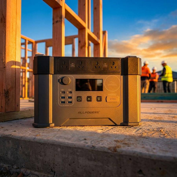 Allpowers S2000 Pro Portable Power Station at Australian construction site golden sunrise - True Gear