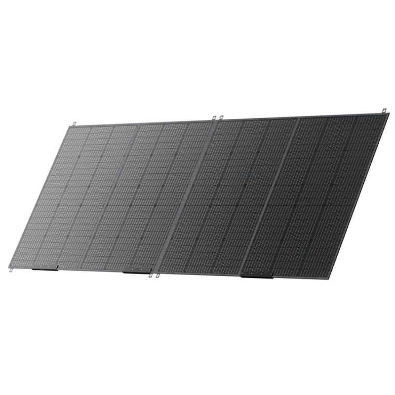 Side angle view of black foldable solar panel with five connected segments
