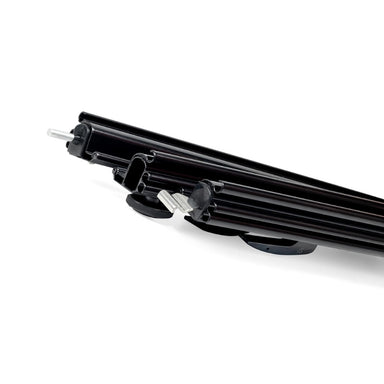 Close-up angle of black Aussie Traveller Anti-Flap Kit PRO+ caravan awning clamp system