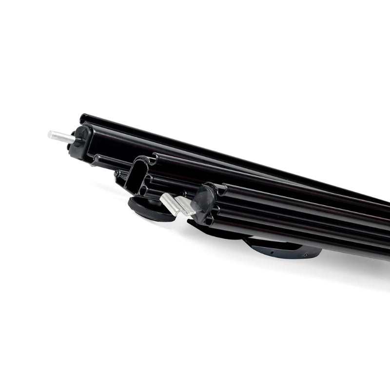 Close-up angle of black Aussie Traveller Anti-Flap Kit PRO+ caravan awning clamp system