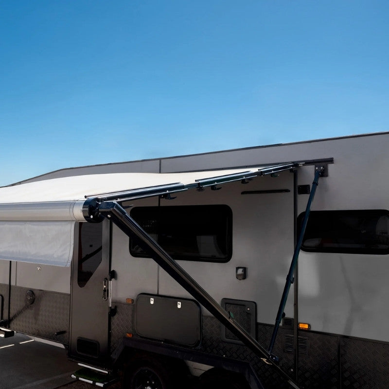 Black Aussie Traveller Anti-Flap Kit PRO+ installed on caravan awning