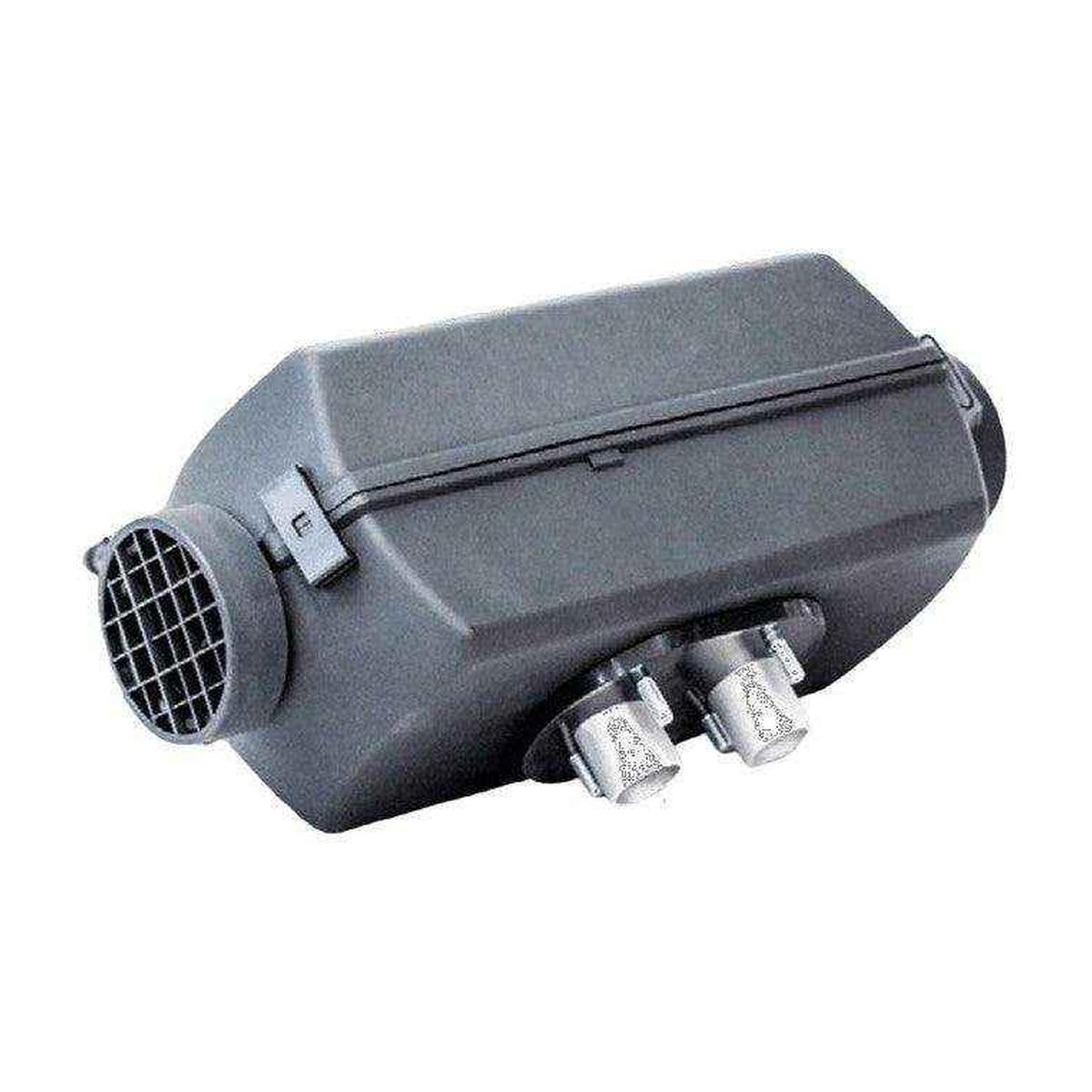 Three-quarter view of the Autoterm 2D diesel air heater showing the air outlet grille and twin fuel and air ports