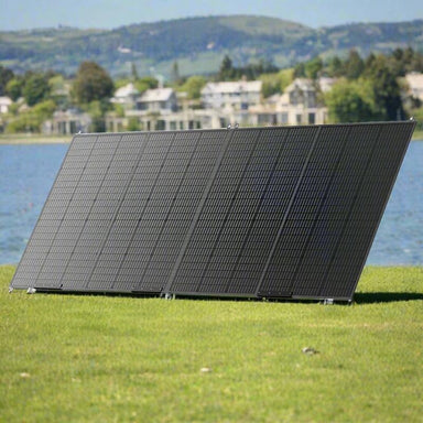 Angled view of the Bluetti 350W black foldable solar panel outdoors.