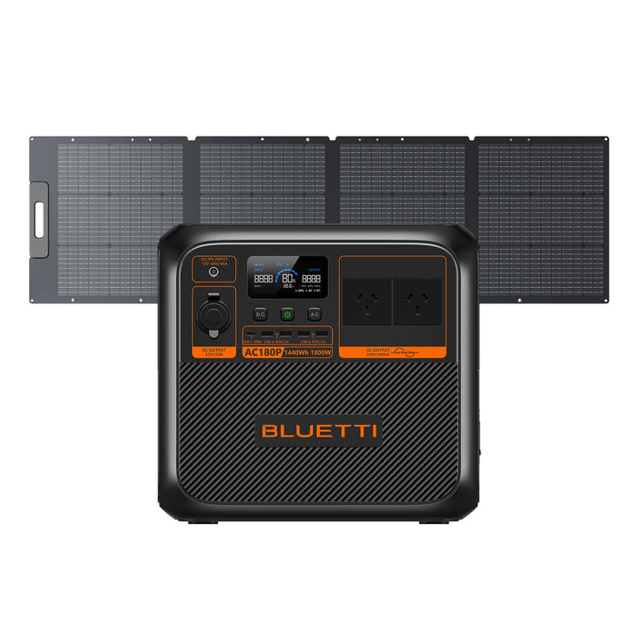 BLUETTI AC180P portable power station with the PV200 200W folding solar panel unfolded behind it, complete solar kit on a white background