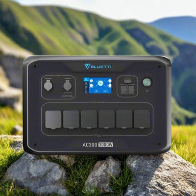 Front view of Bluetti AC300 portable power station on rock.