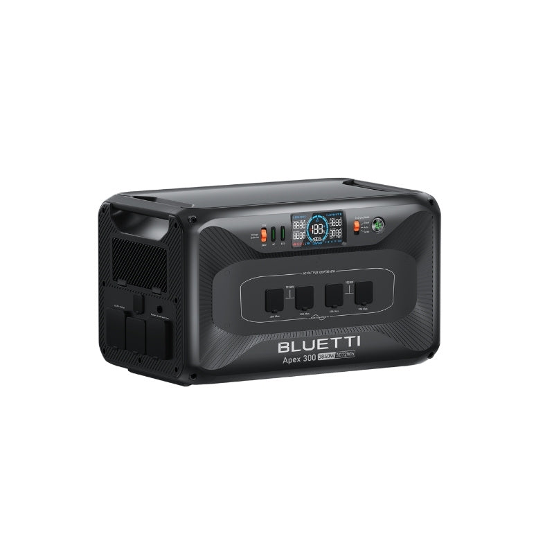 Angled right-side shot of Bluetti Apex 300 featuring illuminated screen and power sockets