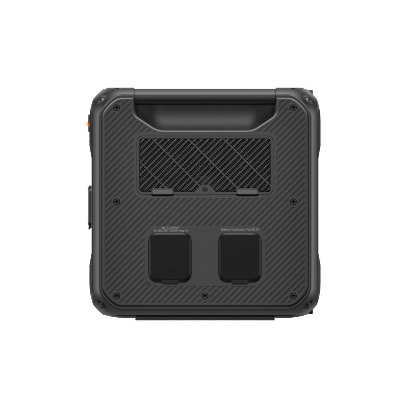 Side view of Bluetti Apex 300 revealing dual battery expansion ports and ventilation area