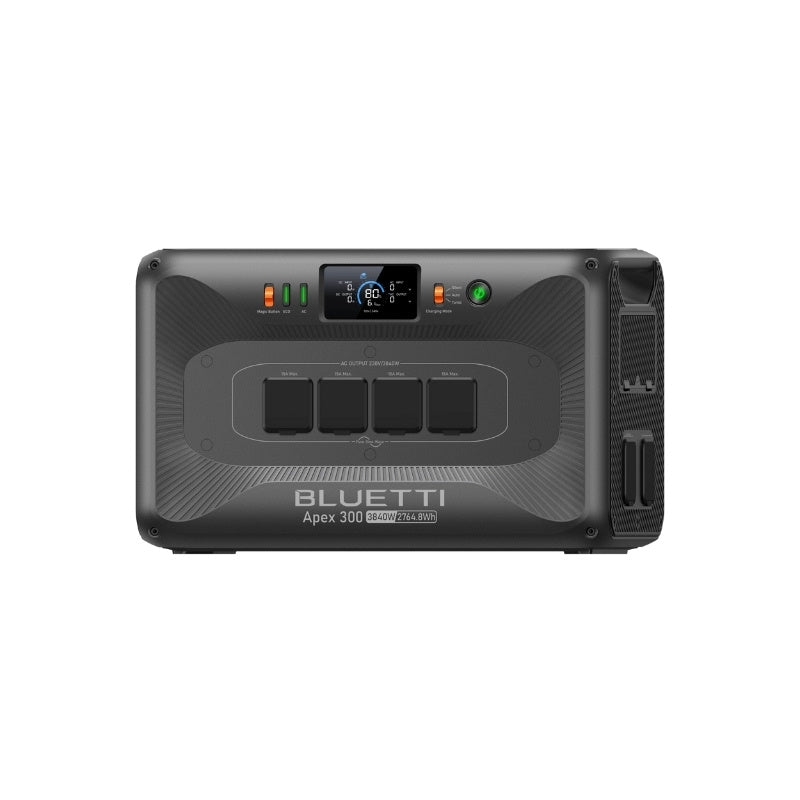 Front panel of Bluetti Apex 300 showcasing control screen and output ports