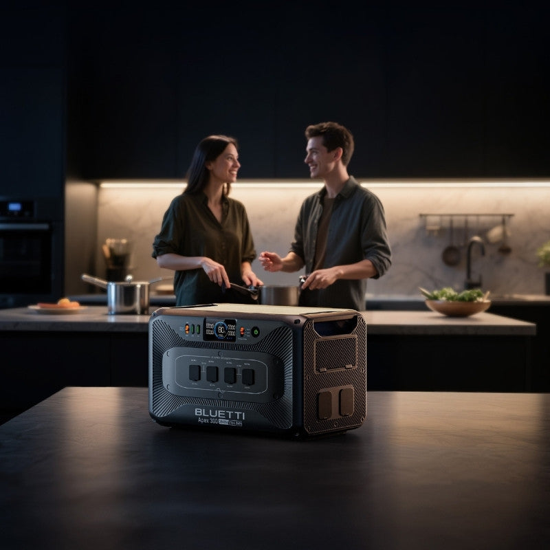 Bluetti Apex 300 providing backup power for kitchen appliances during home use